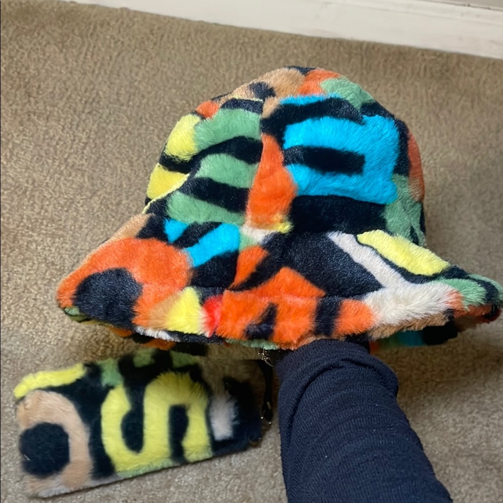 Colorful Fuzzy Bucket Hat and Pouch Set